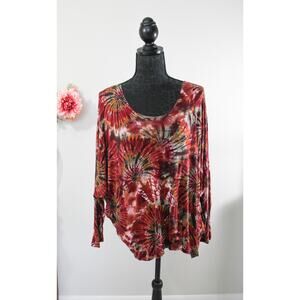 New Kim & Cami Tie Dye Velvet Long Sleeve Dolman Top Red Orange Swirl Print XL